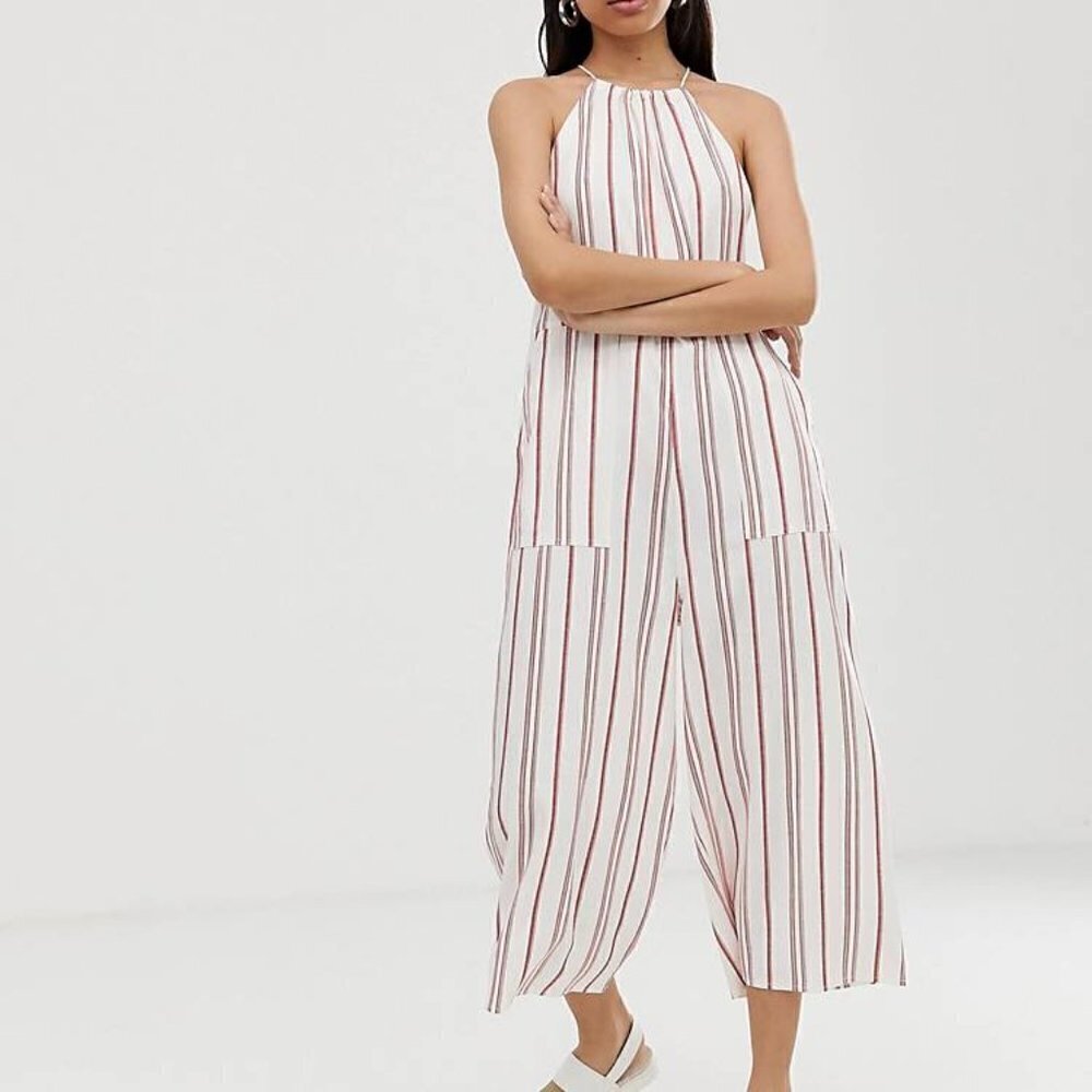 ASOS Design  Minimal Strip Print Halter Jumpsuit.  EUC. Size 8